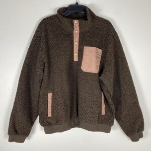 Lands End Mens XL Teddy Sherpa Fleece Snap Pullover Sweater Brown Outerwear